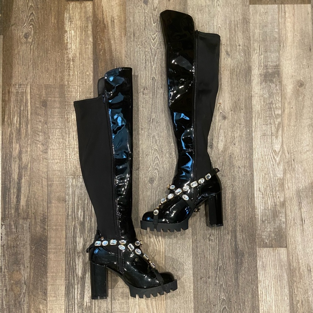 Black Patent Leather Knee-High Boots